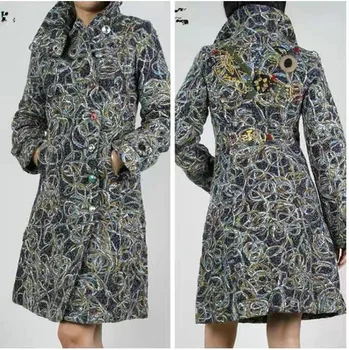 Užsienio prekybos originalus, vieno ispanijos moterų kailis siuvinėjimo spausdinami spalvos sagtis ilgas vilnonis paltas