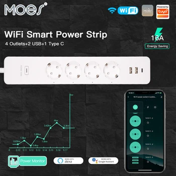 MOES WiFi ES Tuya Smart Power Strip Surge Protector 4 Plug Power Stebėti kištukinis Lizdas su 2 USB 1 C Tipo APP ControlVoice Kontrolės