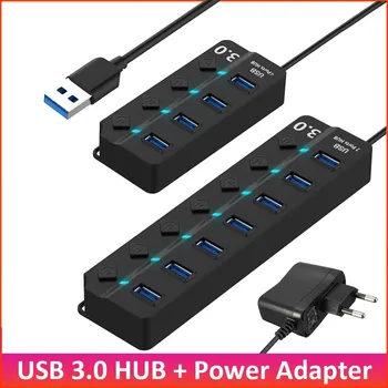 USB 3.0 Hub USB Skirstytuvo 4 - 7 Uosto High Speed Multi Splitter su Maitinimo Adapteris LED Indikatorius, Jungiklis, Nešiojamas PC Priedai