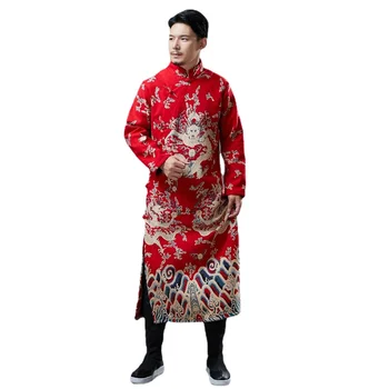 Tradicinės Kinų Drabužių Vyrams Medvilnės Skalbiniai Rudens Žiemos Hanfu Homme Ilgas Chalatas Kimono Dragon Mandarin Suknelė Mens