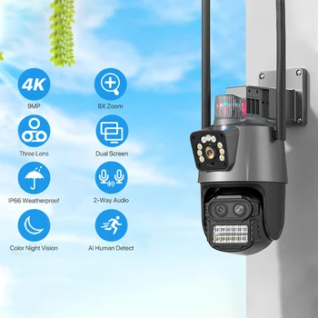 8MP 4K Wifi Kamera, Dvigubas Ekranas Objektyvas Saugumo Apsaugoti Vandeniui Saugumo Vaizdo Stebėjimo Kamera Policijos Šviesos, Signalizacija, IP Kameros