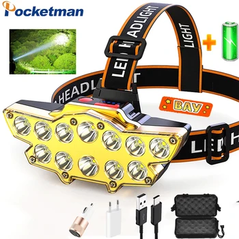Labiausiai Ryški Žibinto Lemputė 12 LED Žibintų USB Įkraunamas Žibintas Lauko Vandeniui Galvos Žibintuvėlis Žibinto su akumuliatoriaus kabelis