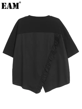[EAM] Moterys, Juoda Nereguliarus Raukiniai Didelis Dydis Atsitiktinis marškinėliai Naujas Apvalios Kaklo trumpomis Rankovėmis Mados Banga Pavasario Vasaros 2023 1DF7757