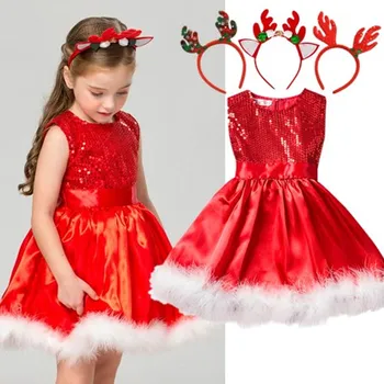 China Kalėdų Suknelės Mergaitėms Plunksnų Mielas Santa Šalies Merginos Princesė Suknelė 3-8Y Atostogų Vaikai, naujieji Metai, Kalėdos Kostiumas