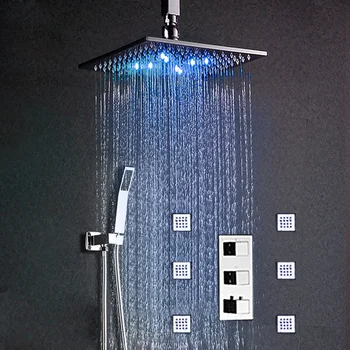Termostatiniai Lubų Aikštėje Lietaus Dušo Sistema Hydro Power LED Žibintai, Dušas, Vonia, 12 Colių / Žalvaris 