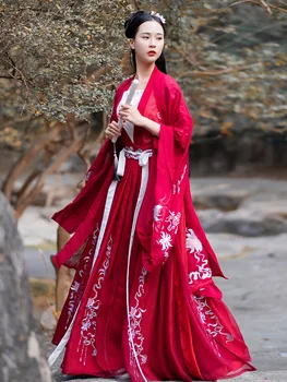 Kinų Suknelė Hanfu Raudona Siuvinėjimo Didelis Rankovėmis Marškinėliai Hanfu Moterų Suknelės Stilius Liaudies Šokių Cosplay Kostiumai, Tradiciniais Kimono