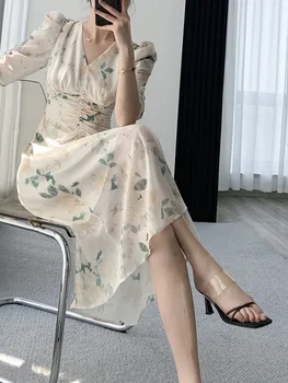 Šifono Suknelė Moterims trumpomis Rankovėmis prancūzijos Vintage Stiliaus Suknelė Spausdinti Shirring Midi V Kaklo 2023 Nauja Pavasario Vasaros Suknelė