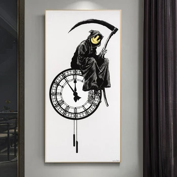 Banksy Grim Reaper Veiduką Laikrodis Pjautuvas Plakatai Sienos Menas Drobė Spausdina Klasikinis Duomenys Paveikslų Kambarį Namų Dekoro Nuotraukos
