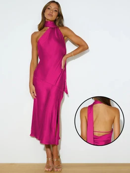 Elegantiškas Ilgas Satino Backless Maxi Suknelė Moterims Vasaros Vientisos Spalvos Mados Rankovių Saldus Korėjos Stilių, Midi Suknelė 2023