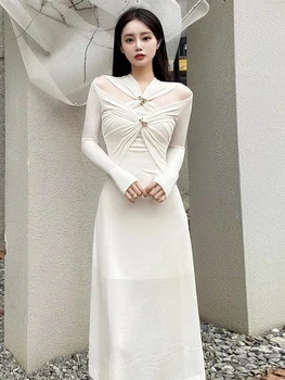 Mezgimo Baltos Suknelės Moterų V-Kaklo, Ilgomis Rankovėmis Aukštos Juosmens Tuščiaviduriai Iš Slim Suknelė Moteriška Vasaros Drabužių 2023
