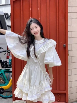 Deeptown Korėjos Mados Ruffles Balta Suknelė Moterims Y2k Saldus Mielas Dviejų Sluoksnis Aukšto Juosmens Trumpas Batwing Rankovės Mini Princesė Suknelės