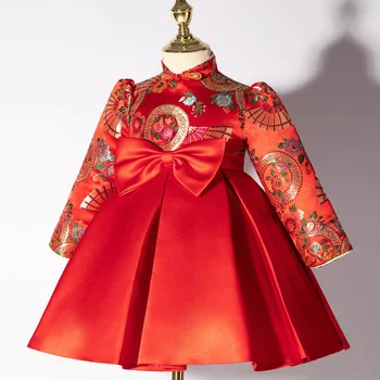Kinų stiliaus princesė dress Naujųjų Metų aplankyti suknelė ilgomis rankovėmis mergaitei gimtadienio proga pirmasis gimtadienis suknelė