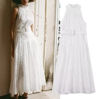 Maxdutti Prancūzijos Elegantiškas Balti Tuščiaviduriai Suknelė Mados Išsiuvinėti Su Diržo Pynimas Atsitiktinis Rankovių Midi Suknelė Moterims