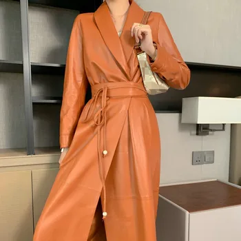 Rudenį Korėjos Stiliaus Elegantiškas Prailginti Moterų Slim Tranšėjos Natūralios Odos Avikailio Striukės Office Lady Kietas Nėrinių Kailis