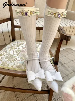Mielas Kojinės Visiškai Unikalių Crystal Bow Vamzdis Kojinės Pearl Vertikali Juosta Kojinės Mados Baltas Ilgas, Minkštas Komfortas Kojinės Moterims