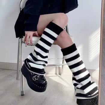 Moterų Y2K Megzti Kojų Šildytuvus Kelio daug Kietos Dryžuotas aukštakulniais Kojinės Preppy Stilius Briaunoti Kojų Šildytuvus Paauglių Mergaičių Streetwear