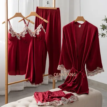 Penki Gabalas Pižama Nustatyti Vasaros Moterų Atlasas Sleepwear Chalatas Kimono Pižamą Pavasario Lady Nėriniai Naktiniai Drabužiai Skraiste Suknelė Homewear