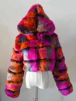 Elegantiškas Rudenį, Žiemą Aukštos Kokybės Dirbtiniais Lapės Kailiniai Paltai Moterims ilgomis Rankovėmis Hoodie Slim Trumpas Striukes, Šiltas Pūkuotas Kailis Streetwear