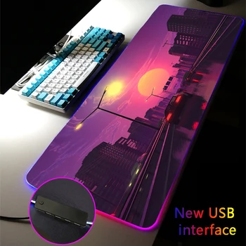 Sunrise Sunset RGB Pelės Mygtukai Miesto Statybos DeskMat 40*90cm Multi-interface Keturi USB Dokas Dokas USB Hub Fantasy Žaidimų Kilimėlis
