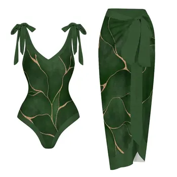 Žalia Spausdinti vientisas maudymosi kostiumėlis V-kaklo, moteriški Kostiumėliai, 2023 Kaklaraištis-iki Elegantiškas Moterų Rinkiniai Paplūdimio Maudymosi Kostiumą Monokini