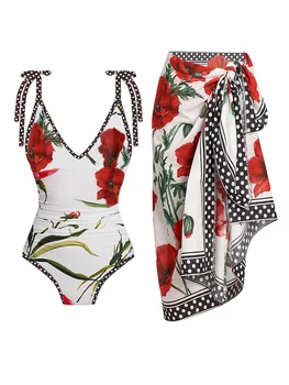 Gėlių Spausdinti Paplūdimio 2023 Moterų Mados maudymosi Kostiumėliai, Vasarinės vientisi maudymosi kostiumėlį ir Padengti-Iki Paplūdimio Stiliaus Maudymosi Kostiumai Seksualus