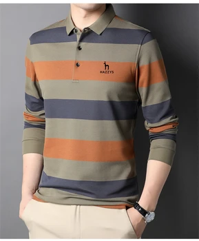 Hazzys - Vyrų dryžuotas medvilnės marškinėliai, ilgomis rankovėmis polo, paprasti ir patogūs drabužiai, 2023