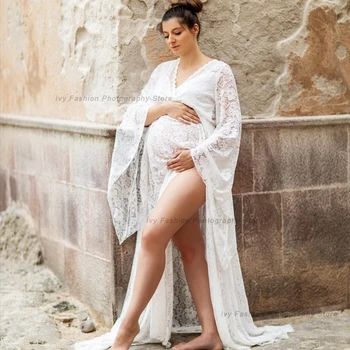 Motinystės Suknelės Kūdikių Dušai Balta nėrinių ilgomis Rankovėmis Boho Nėščia Suknelė Bohemijos Nuotraukų Fotografavimo Nėštumo Suknelė