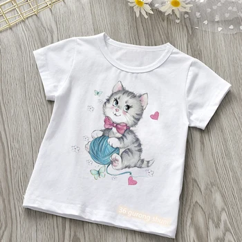 Naujai vaikai marškinėlius mielas drugelis katė animacinių filmų spausdinti mergaičių marškinėliai mados atsitiktinis gyvūnų grafinis berniukų marškinėliai baltos viršūnės didmeninės